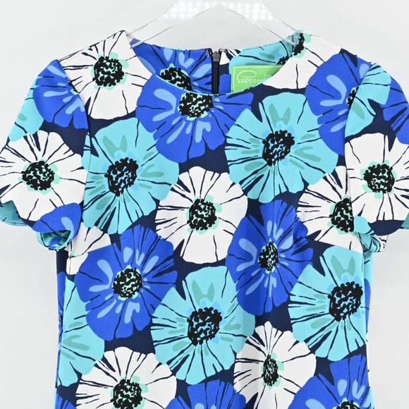 Pappagallo Blue Floral Dress Size 2 Retro Scalloped Hem Sheath Mini Preppy - Picture 10 of 13